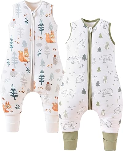 Chilsuessy Baby Schlafsack mit Beinen 1.5 Tog Schlafsack 2er Pack 100% Baumwolle Ganzjahres Schlafsack mit Füßen Babyschlafsack Kinder, 1.5 Tog Eichhörnchen + Waldbär, 80cm/Baby Höhe 85-95cm