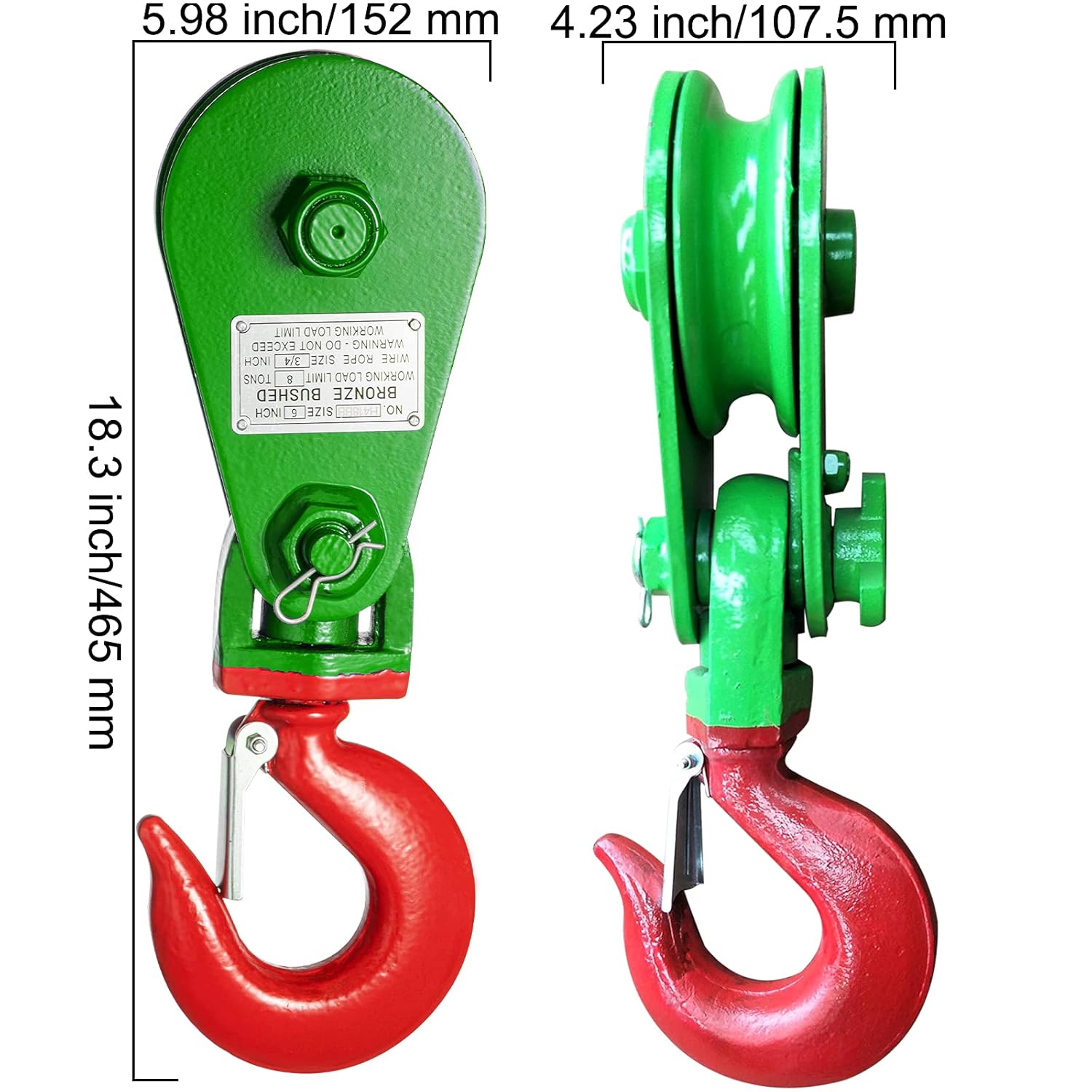 VEVOR 8ton Snatch Block with Hook, 17600 lbs Capacity Snatch Rigging Block, 6'' Single Sheave Block w/Swivel Hook and Latch, Fit 3/4'' Wire Cable Heavy Duty for Wrecker Roll Back Recovery Pulling: Industrial & Scientific