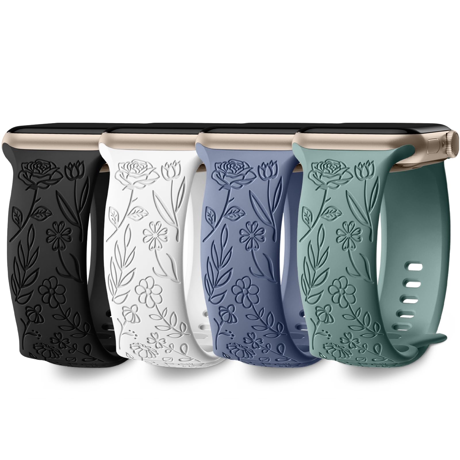 Photo 1 of DaQin Floral Engraved Band Compatible with Apple Watch Band 38mm 40mm 44mm 41mm 42mm 45mm 46mm 49mm Women, Fancy Rose Flower Laser Soft Silicone Band for Apple Watch Series 10 9 8 7 6 5 4 3 2 1 SE