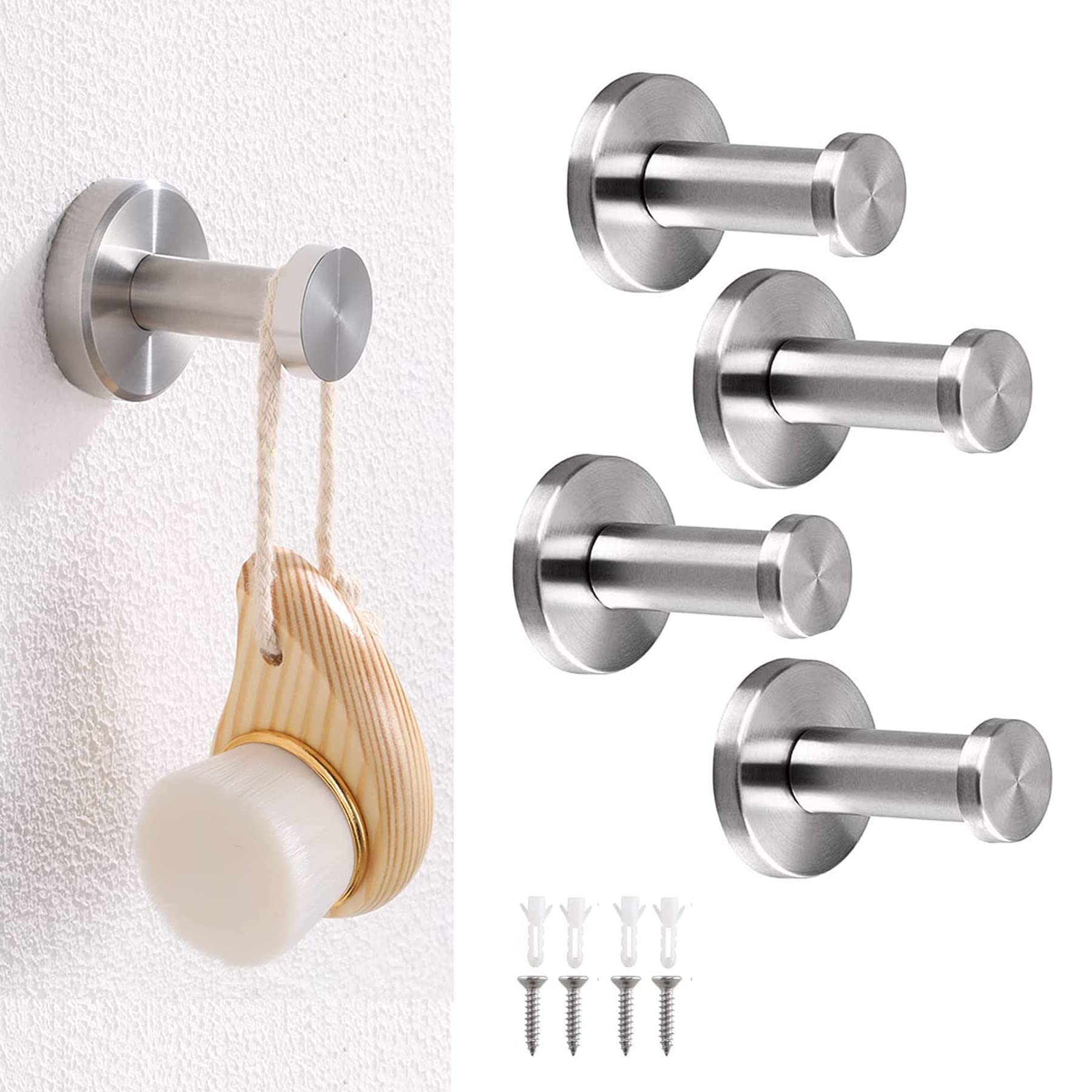 Dingfeng 4 Pcs Stainless Steel Hooks, 50mm Towel Hook, Chrome Door Coat Hanger Wall Hook，304 Suitable for Installation in Kitchen, Bathroom and Study(Silver), (BXGGG-6)