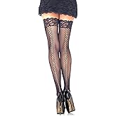 Leg Avenue Women’s Back Seam Thigh High Stockings for Women Sexy Fishnets with Stay-Up Lace Top