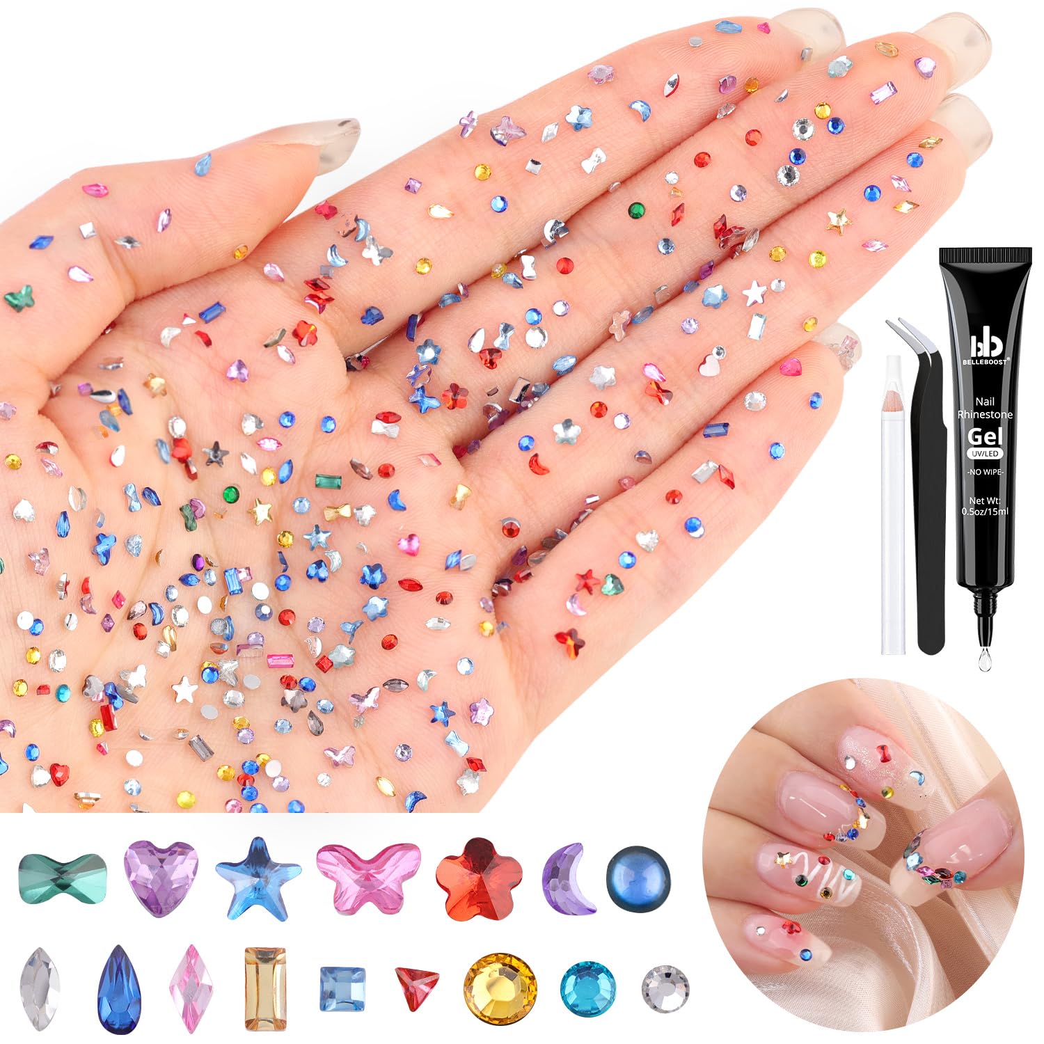Photo 1 of 1.2-3 MM 4700 PCS Muliti Shape Colorful Rhinestones for Nail Art, 3D Resin Flatback Bedazzling Gems Mini Flower Bow Heart Star Butterfly, Gems Kit with Tweezers, Pickup Pencil and 15ML Nail Glue