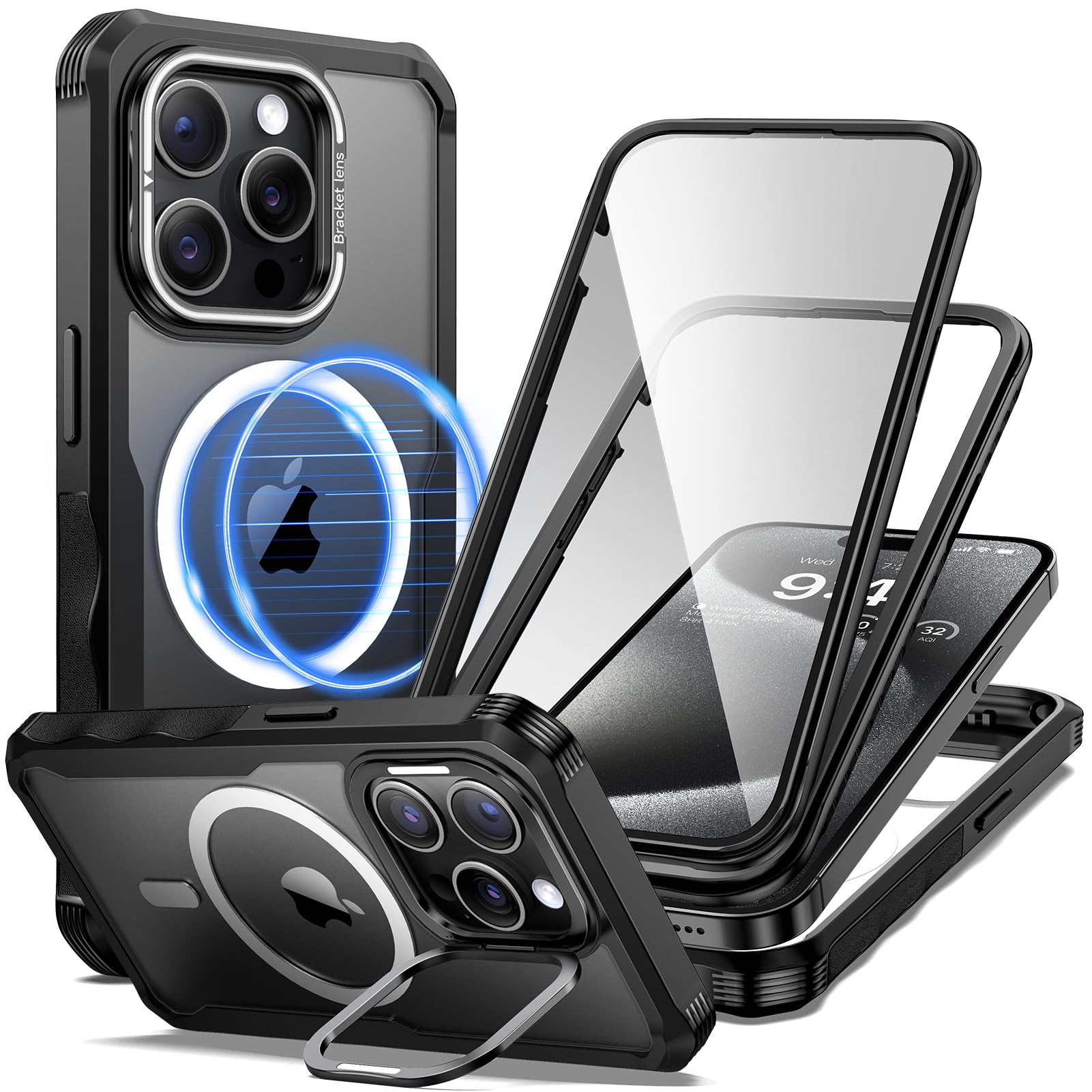 seacosmo Magnetic for iPhone 15 Pro Case, Fit for MagSafe, Full Body Protection Phone Case with Built-in Screen Protector + Front Frame + Camera Cover, Heavy Duty Shockproof Cover with Stand, Black