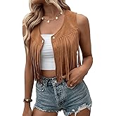 SweatyRocks Women's Suede Fringe Trim Sleeveless Crop Vest Jacket Button Front Coat