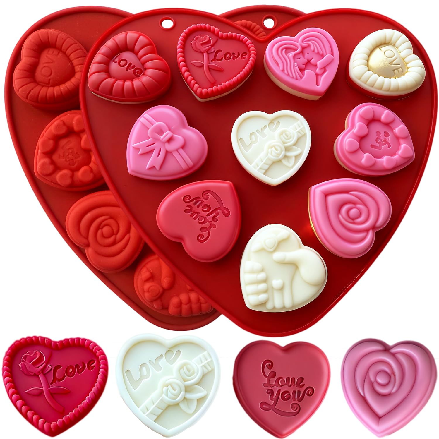 Photo 1 of 2PCS Heart Shaped Silicone Molds, 10-Style Valentines Day Mold Silicone Heart Molds with Love Rose Bow Shaped Silicone Molds for Chocolate Candy Ice Cube Jelly Gummy Candle Cake Pop Cake Soap