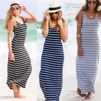 Wpcheng Women Summer Striped Boho Evening Party Long Maxi Beach Dress Cotton Vest Dress Navy Blue Xl
