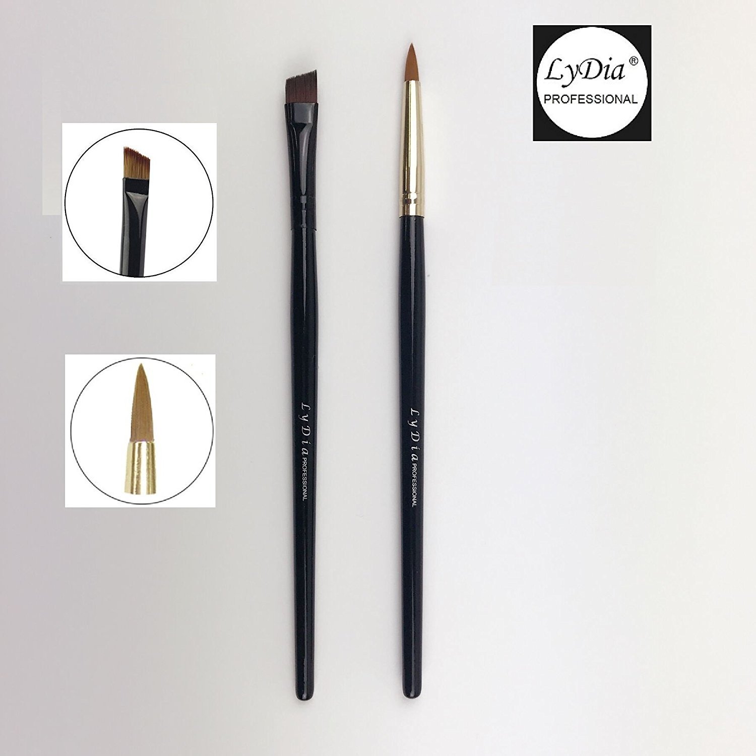 Eyeliner Eyebrow Makeup Brush Duo - LyDia® Professional Black Flat Angled Eye Brow/Eyeliner/Eyeshadow Makeup Brush + LyDia® Professional Black/Golden Eyeliner Cosmetic Makeup Brush