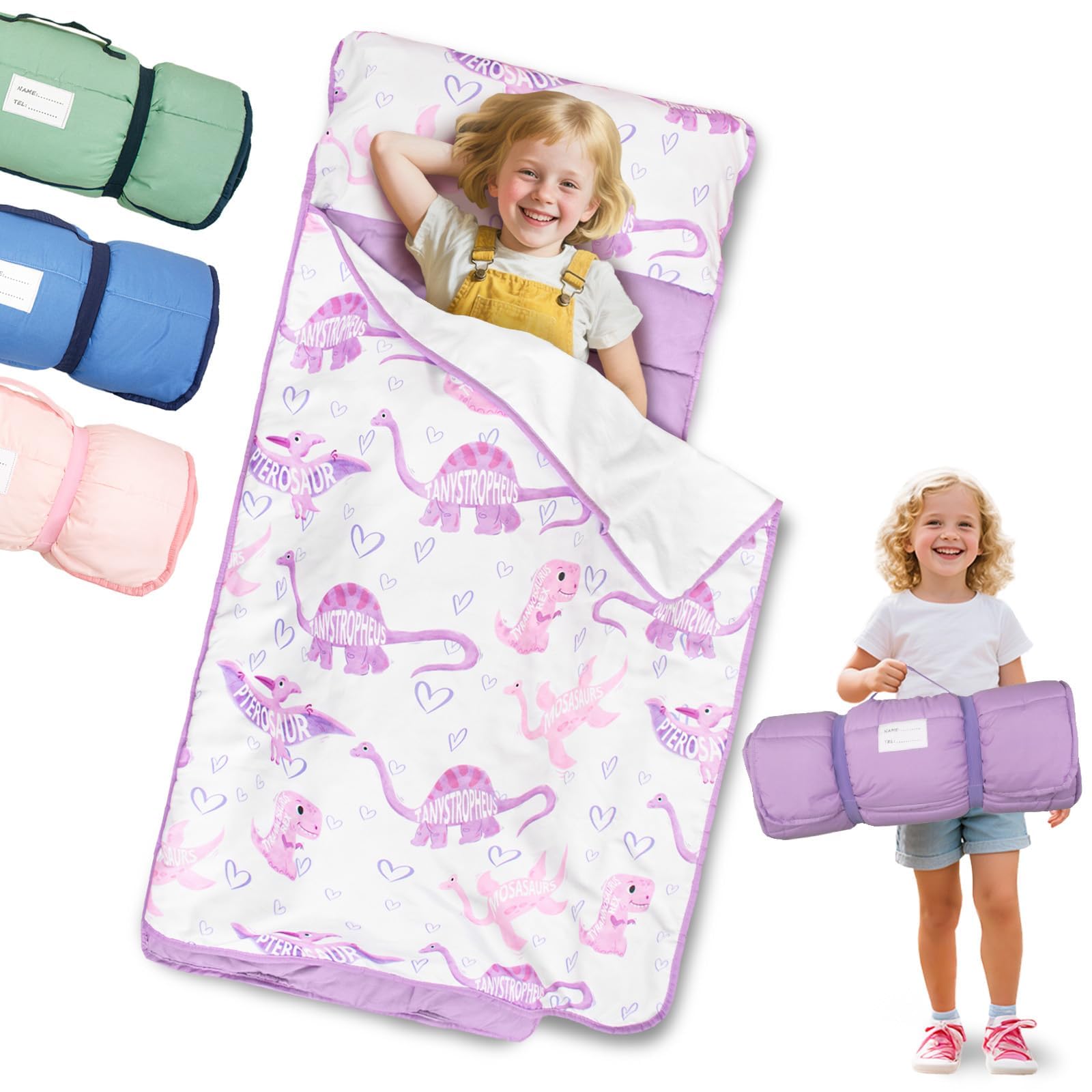 Photo 1 of Primlect Lightweight Toddler Nap Mat Perfect for Warm Sleepers, Portable Sleeping Bag with Removable Pillow and Fleece Blanket, Washable, Great for 3 Seasons, Daycare, Preschool, Girls (Dinosaur)