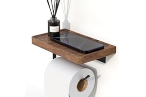 AISHEDYER Toilet Paper Holder with Shelf - Wall Mount & Self-Adhesive Bathroom Tissue Roll Holder, Black Stainless Steel with