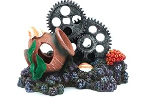HRRIVE Aquarium Coral Reef Rock Sunken Gear Wheel Decoration for Cichlid Goldfish Fish Tank Ornament