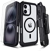 Defender for Clear iPhone 16 Case with Belt Clip Holster + 2 Screen Protectors, Compatible with MagSafe, Anti-Yellowing, Full-Body Phone Cover for iPhone 16 Case (Clear & Black)