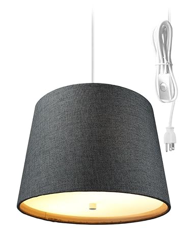 2 Light Plug In Pendant Light By Home Concept Hanging Swag Lamp Granite Grey Burlap With Diffuser Perfect For Apartments Dorms No New Wiring