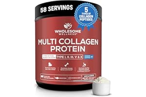 Wholesome Wellness Multi Collagen Protein Powder Hydrolyzed (Type I II III V X) Grass-Fed All-in-One Super Bone Broth + Peptides - Premium Blend of Beef, Chicken, Wild Fish, Eggshell, 58 Servings