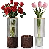 Ribbed Glass Vase Set of 2 Vases for Flowers,10" H Wood Glass Vase with Solid Wooden Base,Rustic Flower Vase for Home Decor,Living Room,Bedroom,Kitchen,Dining Table,Fireplace,Office(Gray & Clear)