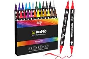 24 Colors Acrylic Paint Pens, Dual Tip Pens With Medium Tip and Brush Tip for Rock Painting, Ceramic, Wood, Plastic, Calligra