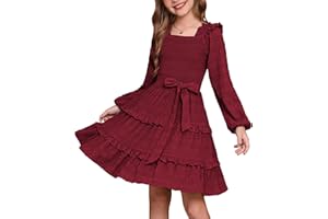 GRACE KARIN Girls Ruffled Dress 6-14Y Fall Long Sleeves Christmas Party Festive Dresses