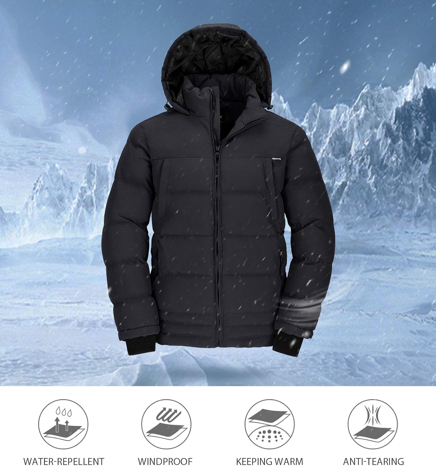 Wantdo Men's Thicken Puffer Jacket Insulated Water-Resistant Warm Winter Coat with Hood: Clothing
