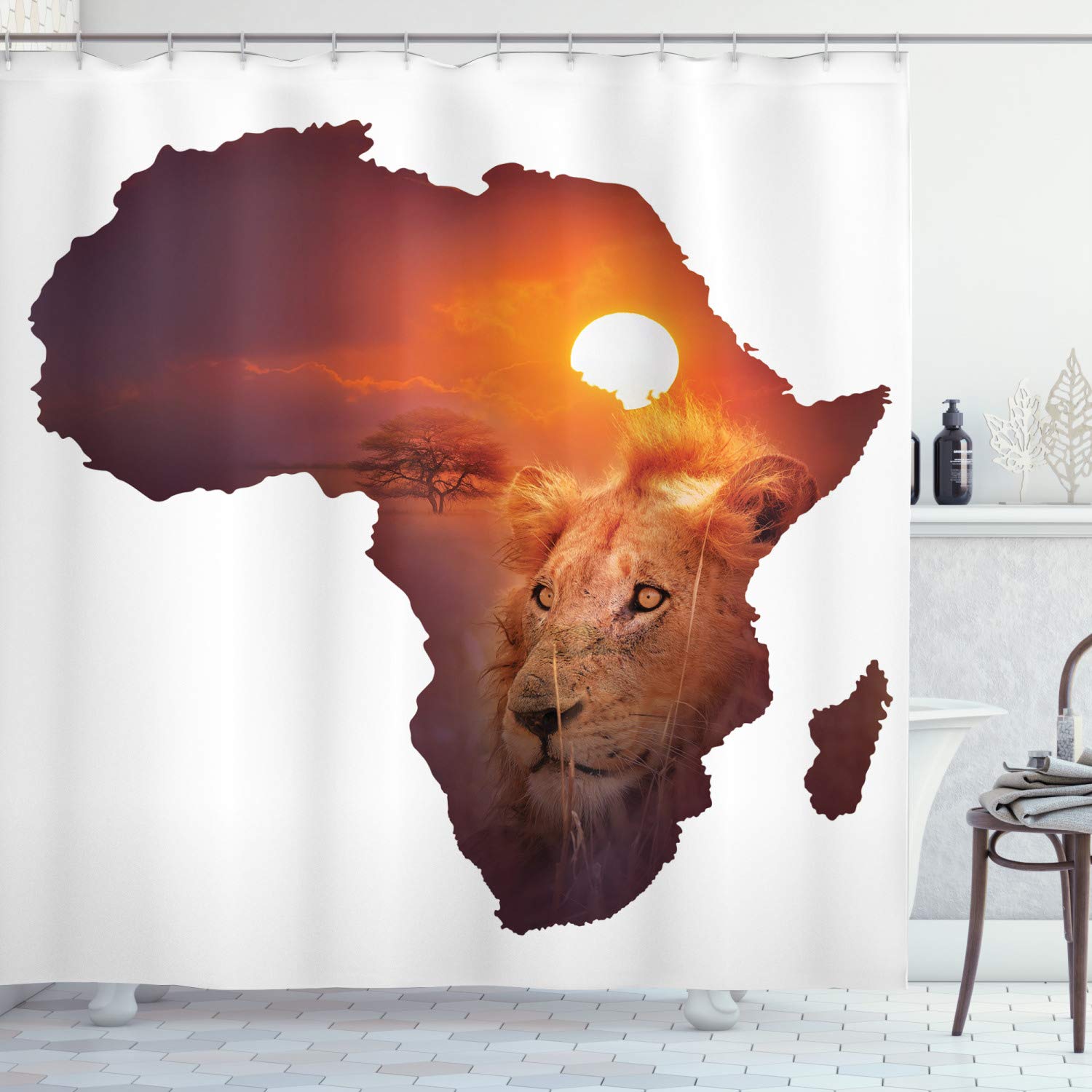 Ambesonne Safari Shower Curtain, African Art Wildlife Lion Sunset Continent Africa Map Double Exposure Print, Cloth Fabric Bathroom Decor Set with Hooks, 69" W x 70" L, Eggplant and Orange