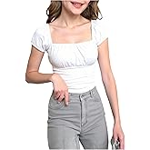 SweatyRocks Girl's Ruched Short Sleeve Top Square Neck Summer Slim Fitted T Shirts