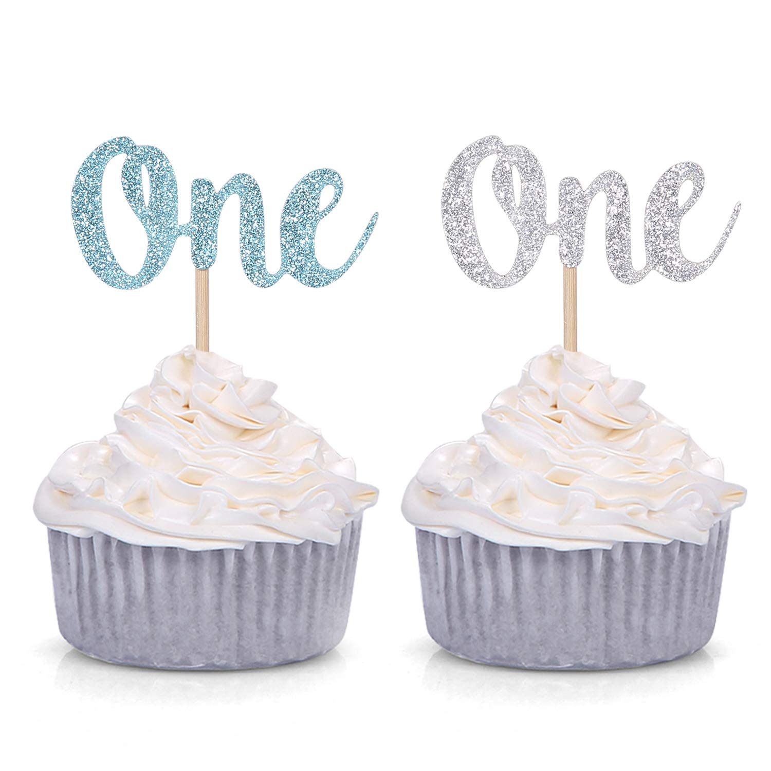 Pack of 24 Glitter One Cupcake Toppers Baby Boy First Birthday Decorations (Blue and Silver)
