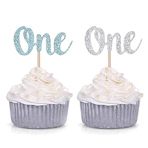 Pack of 24 Glitter One Cupcake Toppers Baby Boy First Birthday Decorations (Blue and Silver)