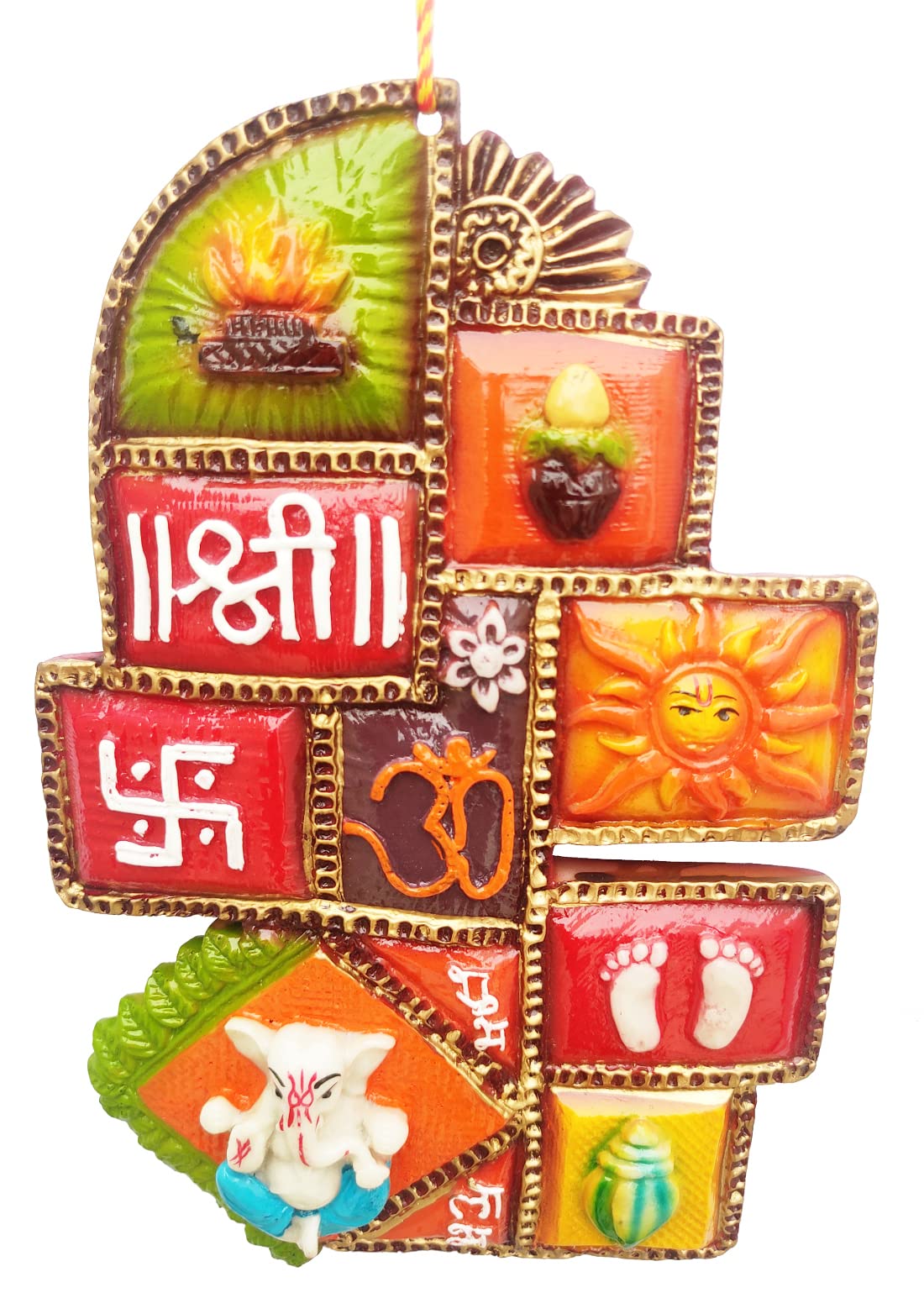 Purpledip Resin Wall Hanging 'Good-Fortune': Temple Symbols (Om, Sathiya, Shri, God's Footprint, Ganesha-sawaari Mooshak, Deepak Light, Flower): Sculpted in Poly-fibre (10135)