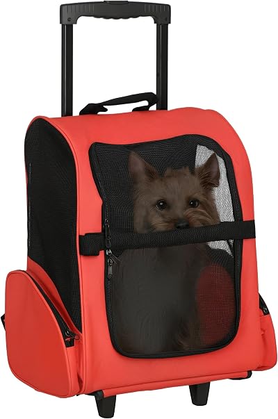 PawHut Pet Travel Backpack Carrier with Wheels Telescopic Handle Red