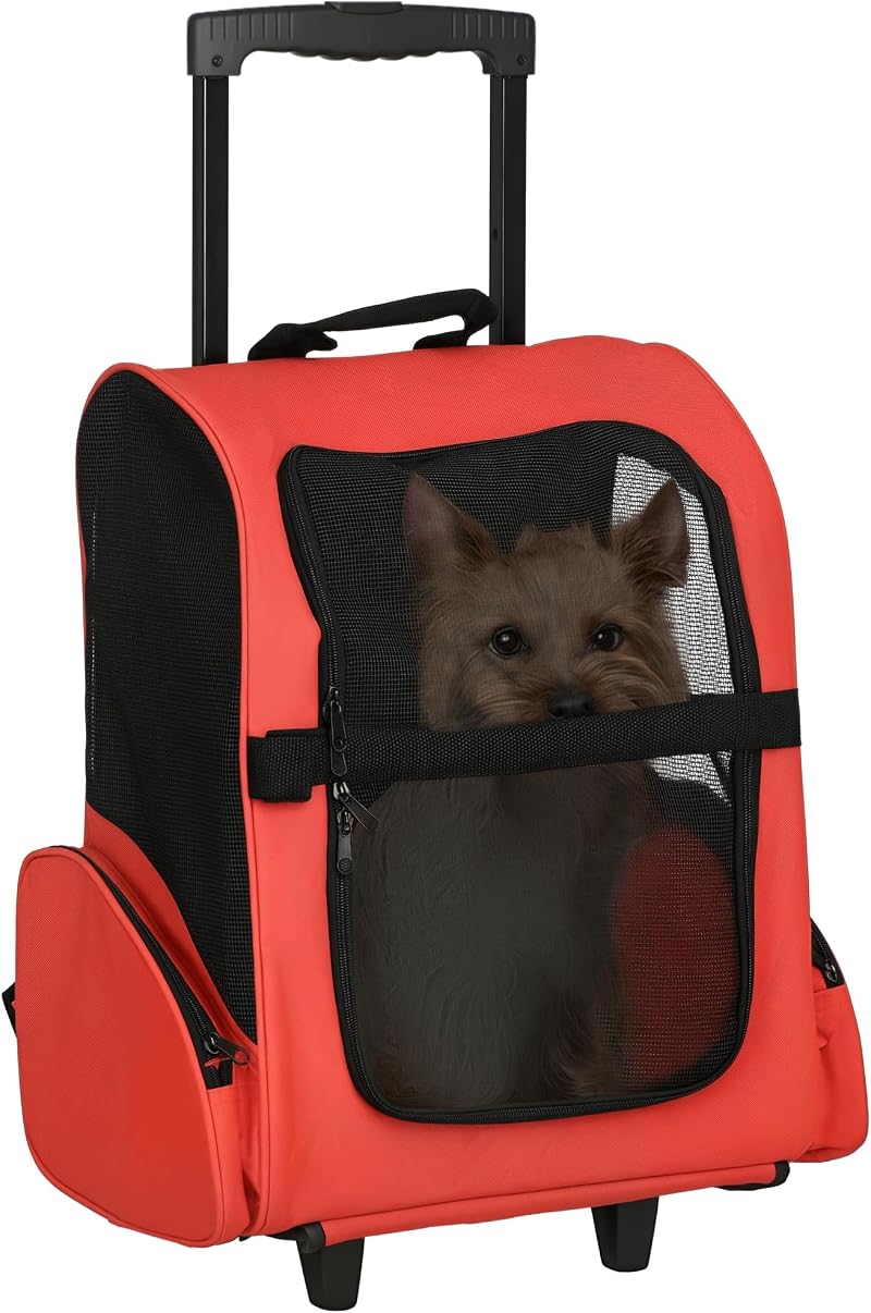 PawHut Pet Travel Backpack Carrier with Wheels Telescopic Handle Red