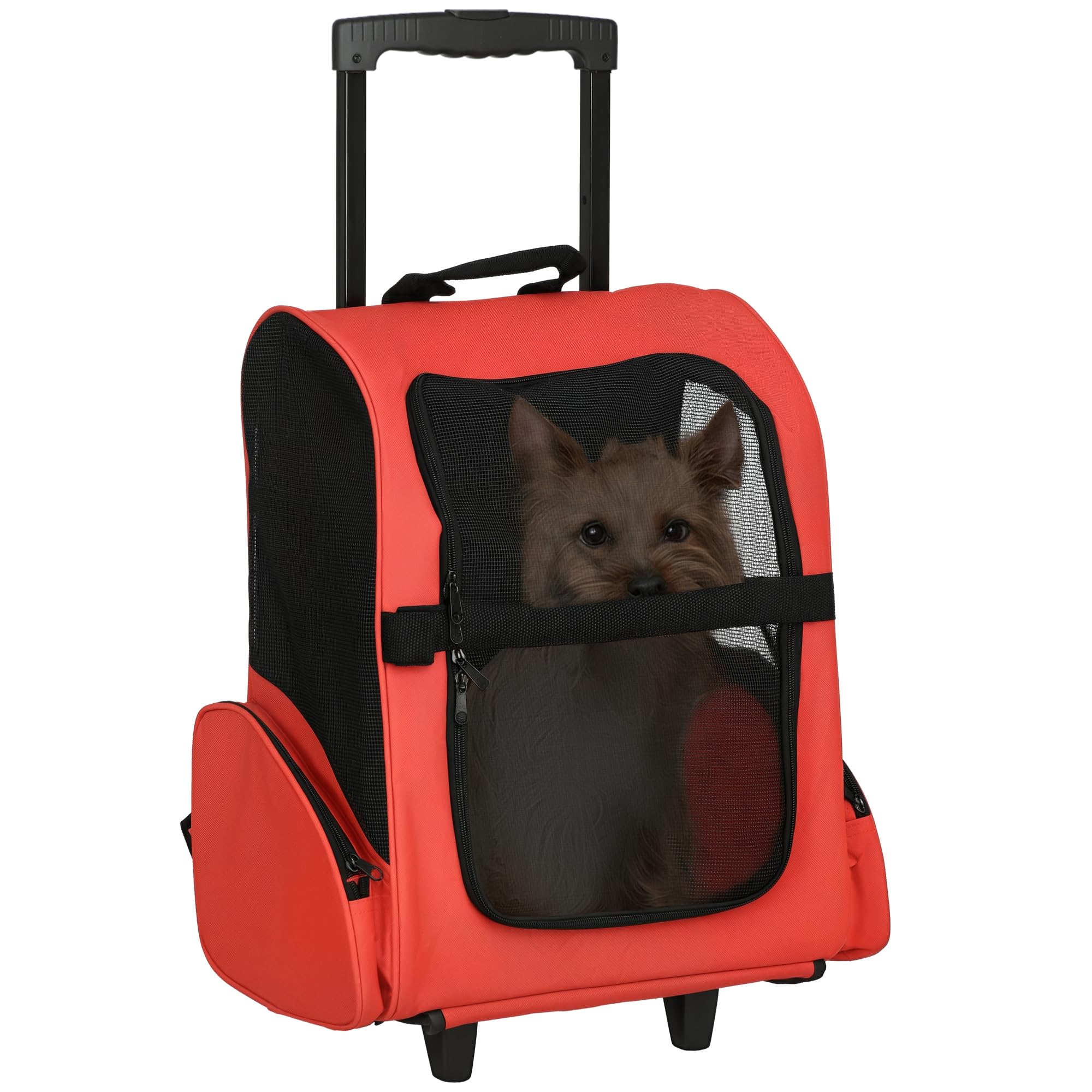 PawHut Pet Travel Backpack Bag Cat Puppy Dog Carrier w/ Trolley and Telescopic Handle Portable Stroller Wheel Luggage Bag (Red)