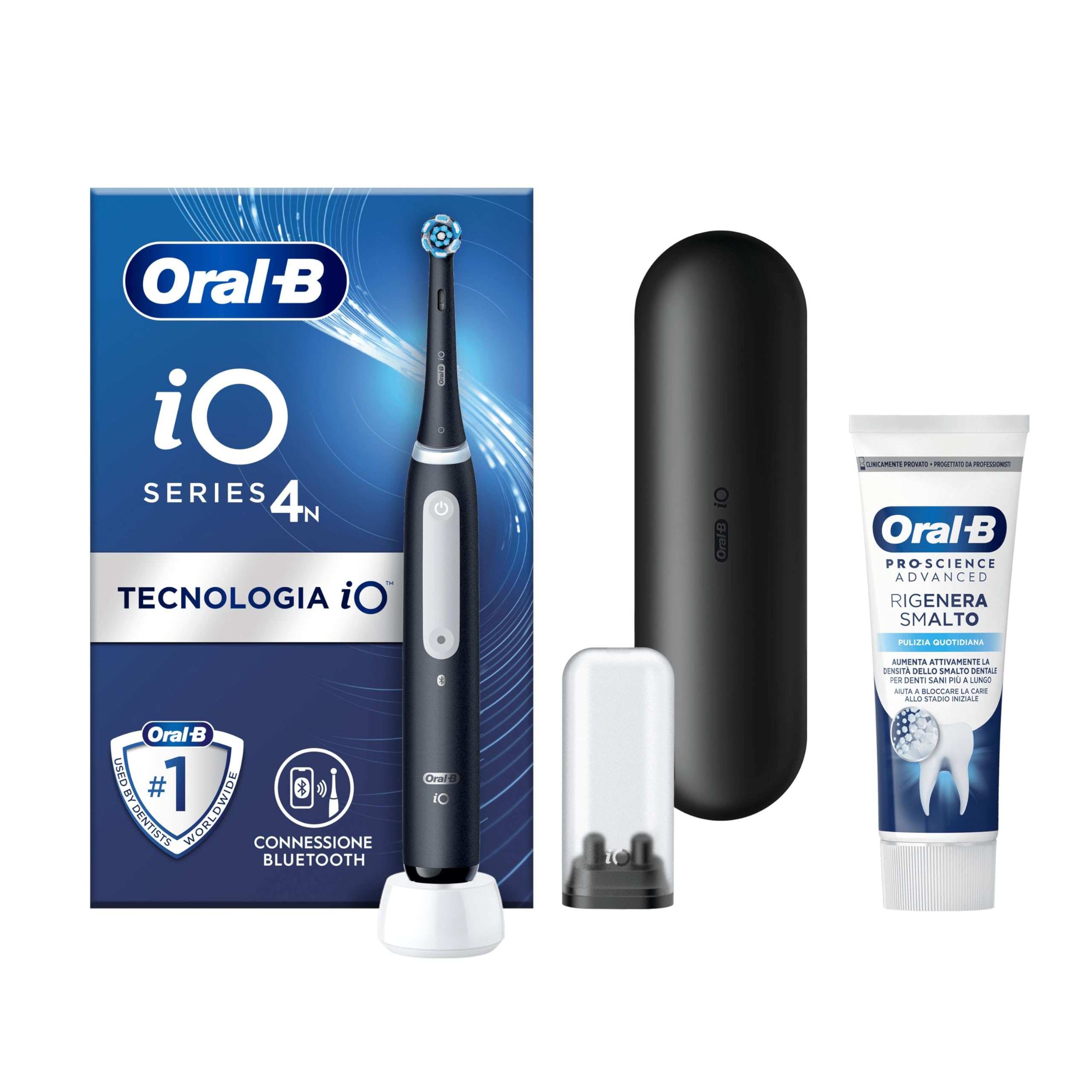 Oral-B Spazzolino Elettrico Ricaricabile iO 4 Nero, 1 Testina Di Ricambio, 1 Custodia Da Viaggio +Dentifricio Pro-Science Advanced Rigenera Smalto 75ml. 1 Spazzolino
