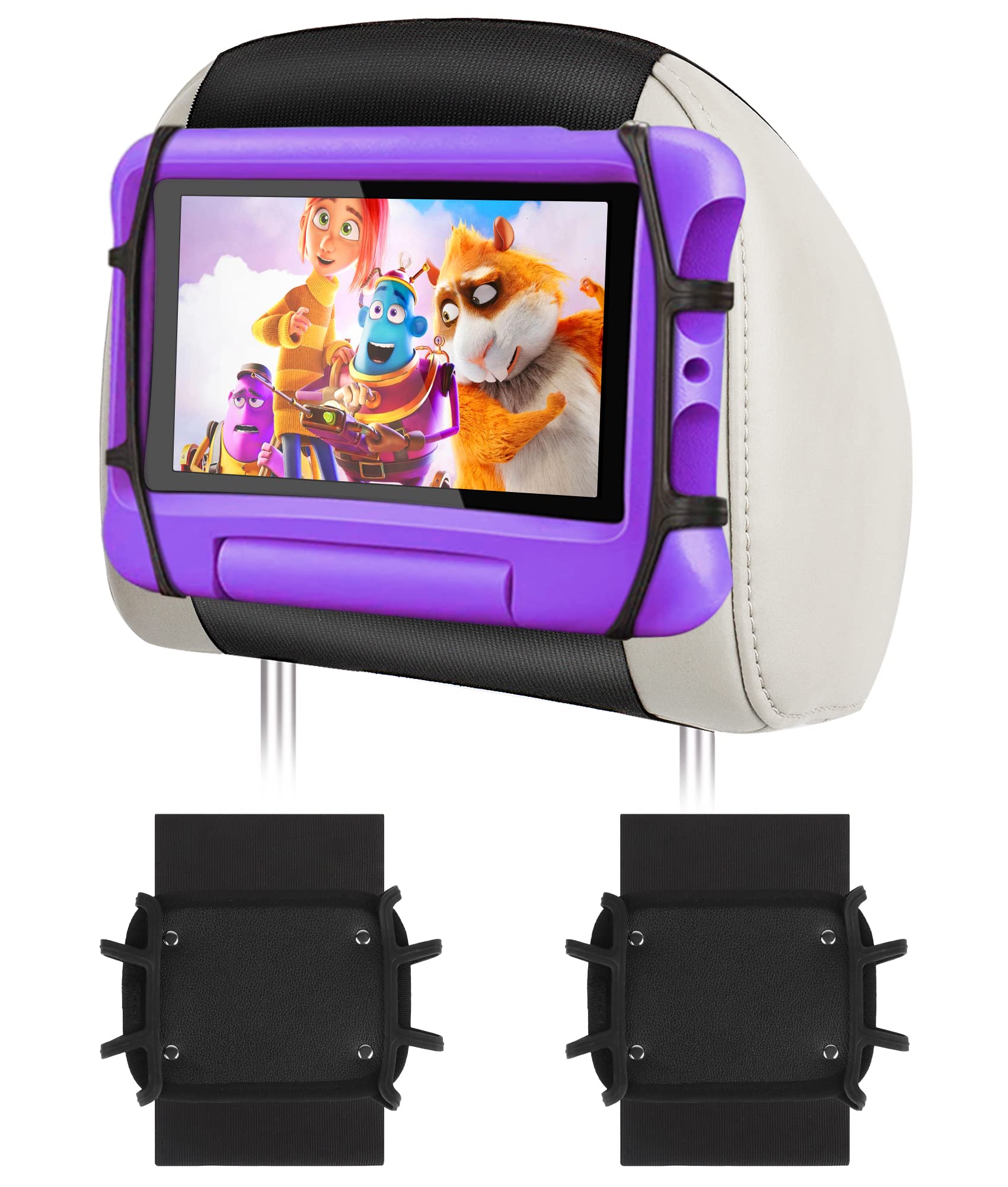 WONNIE Upgraded Car Headrest Mount Holder, Tablet Holder for Kids in Back Seats, Anti-Slip Strap and Holding Net,Angle-Adjustable/Fits All 7-12.9" Tablets(2 Packs)