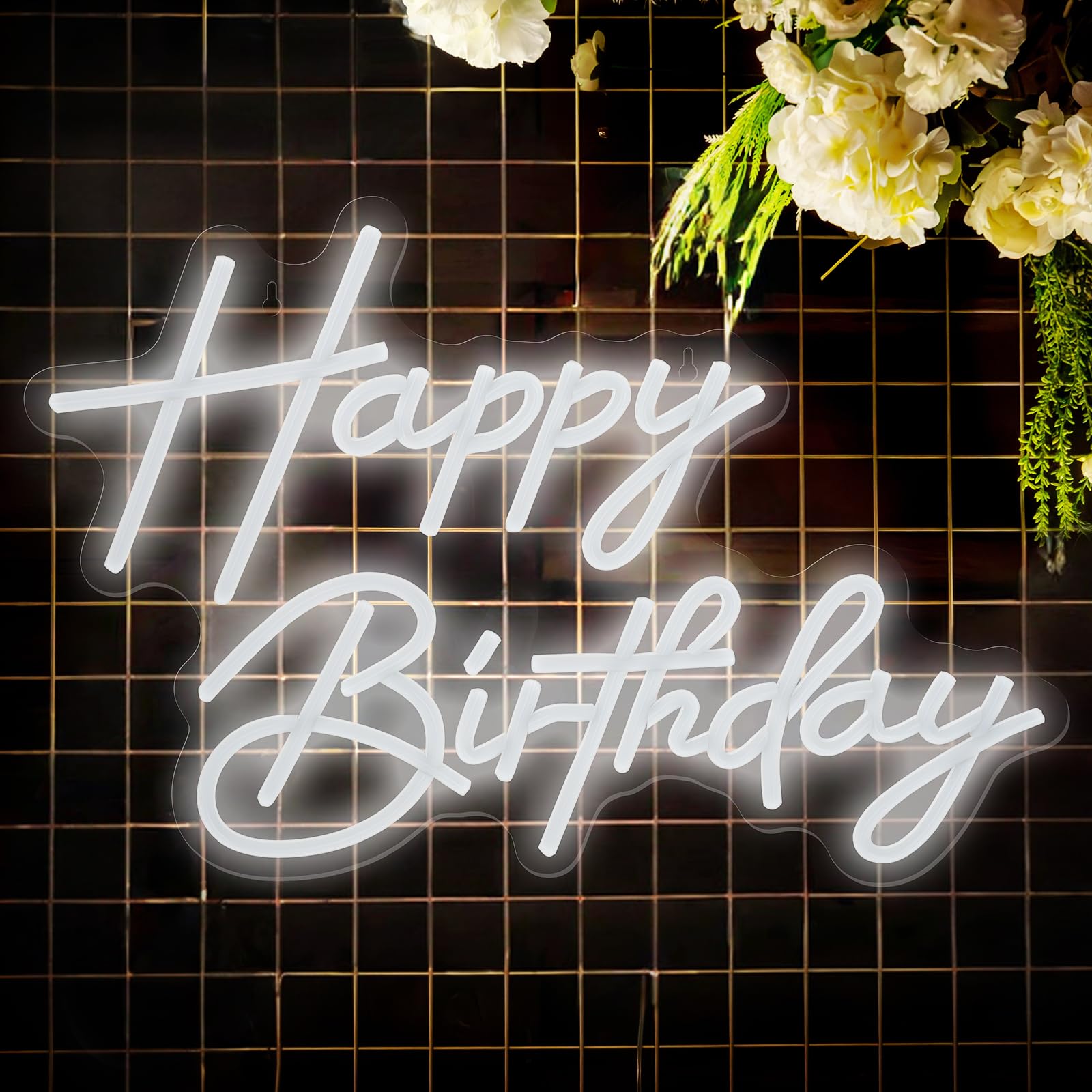 Photo 1 of Happy Birthday Neon Sign for Wall Decor,Happy Birthday Light Up Sign Art Decoration,USB Powered Happy Birthday Led Sign for Backdrop Birthday Party Decoration Warm White,16.9 * 11.8 Inch