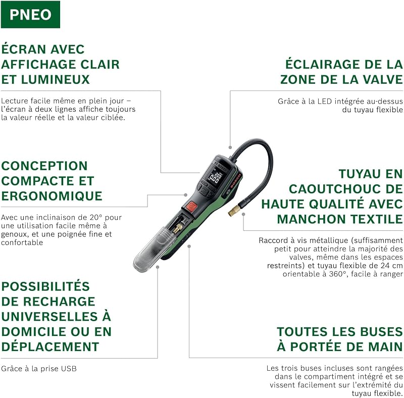 PNEO Pompe à air sans Fil (INCL. Jeu d'adaptateurs de Pression, Batterie 4V et Sac en Tissu)