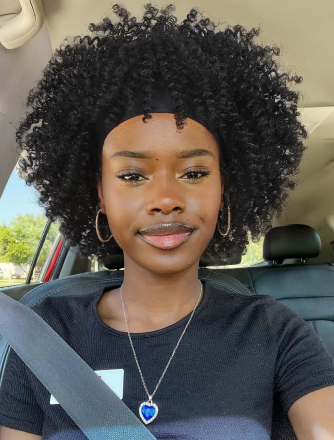 Photo 1 of WIGER Short Afro Bouncy Curly Headband Wig Kinky Curly Wigs with Headbands Black Attached Afro Curly Headband Wigs Synthetic Afro Wigs(1B#)