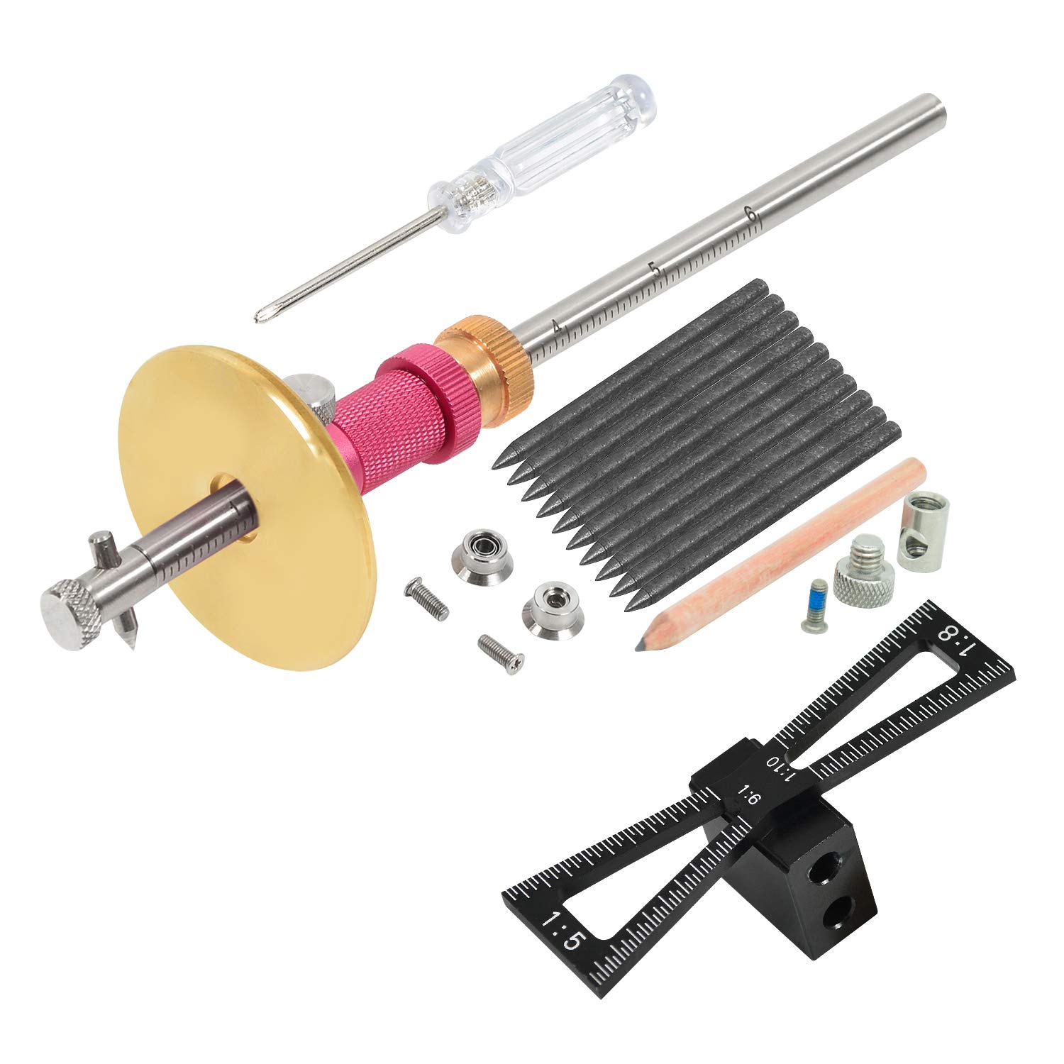 YOSELIN Dovetail Wheel Marking Gauge, 1 x Rolling Wheel Cutter for Softwood, 1 x Locked Wheel Cutter for Hardwood, 1 x Metal Making Pen, 10 x Marking Pencils, 1 x Pencil