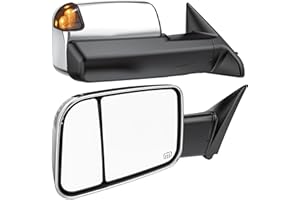 WHALEMOTOR Smoked Power Heated Tow Mirrors Compatible with Dodge Ram 1500 2002-2008, 2500 3500 2003-2009, Flip Up Extended Trailer Towing Side Mirrors, Chrome Housing