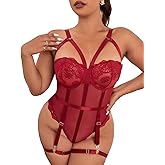 OYOANGLE Women's Plus Size Ring Linked Cut Out Sheer Mesh Teddy Bodysuit Garter Lingerie Set