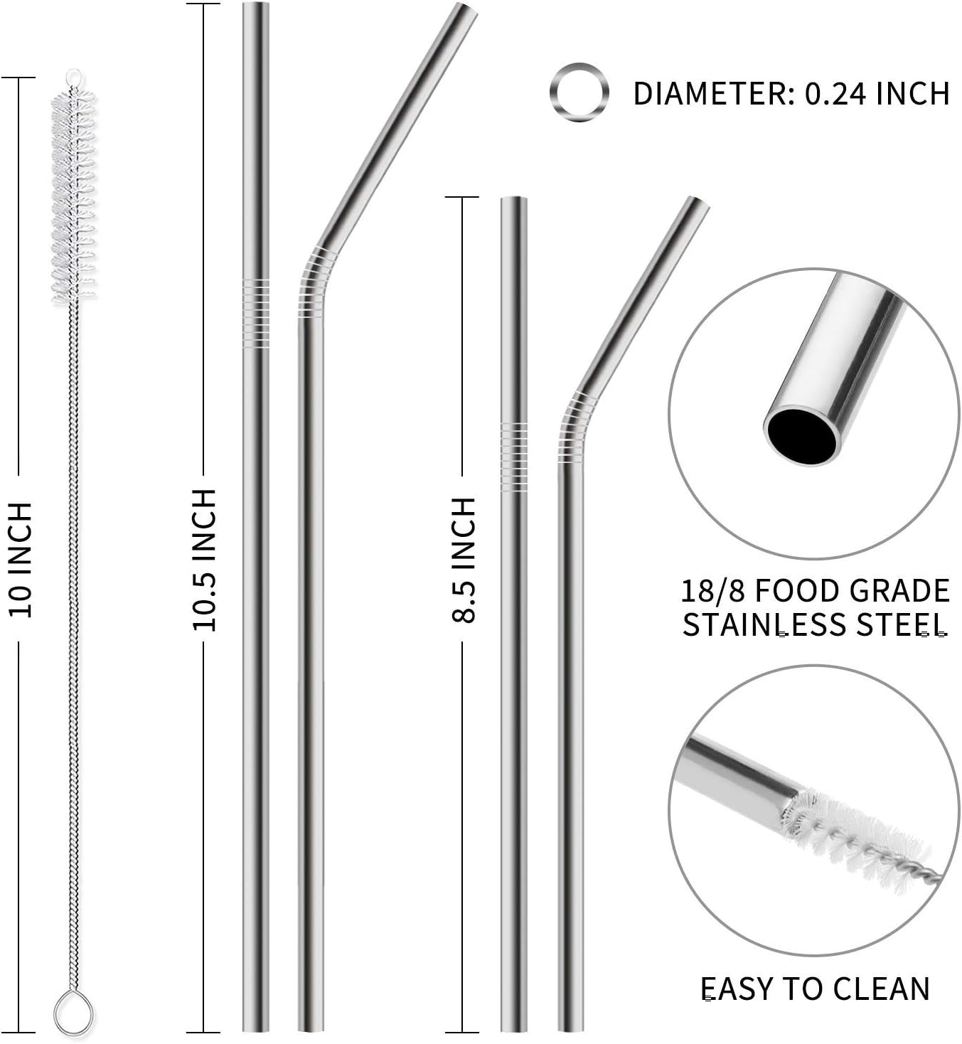 Hiware 12-Pack Reusable Stainless Steel Metal Straws with Case - Long Drinking Straws for 30 oz and 20 oz Tumblers Yeti Dishwasher Safe - 2 Cleaning Brushes Included: Health & Personal Care