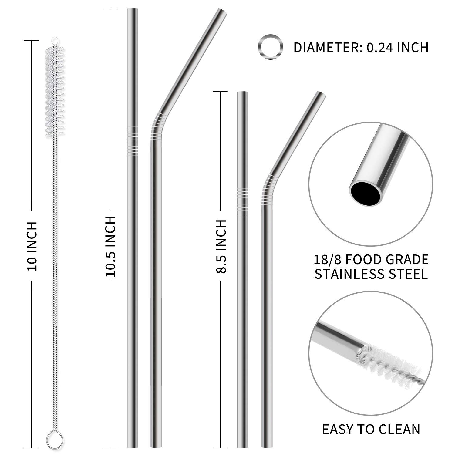 J.CARP Reusable Drinking Straws Kit(44 in 1), Including 16 Stainless Steel Straws, 4 Cleaning Brushes and 24 Soft Silicone Tips, Silver