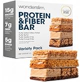 Wonderslim High Fiber Protein Bars, Low Calorie Snack &ndash; Variety Pack, 7ct | 15g Protein, Up to 8g Fiber &ndash; Gluten-Free, Low Sugar, Protein Snack for Hunger &amp; Craving Control, Weight Management Support
