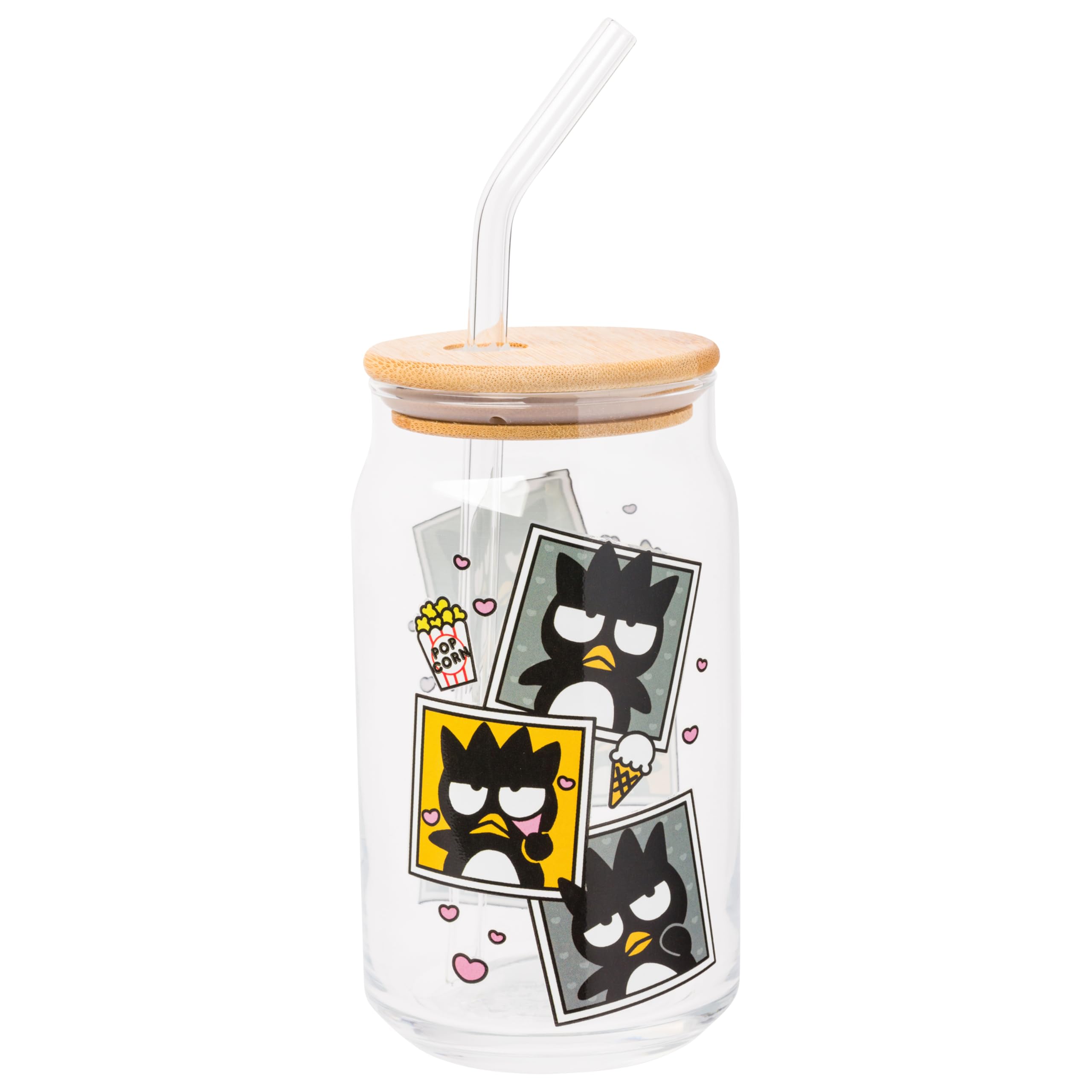 Photo 1 of Silver Buffalo Sanrio Hello Kitty and Friends Badtz-Maru Polaroids Glass Jar Tumbler with Bamboo Lid and Glass Straw, 16 Ounces