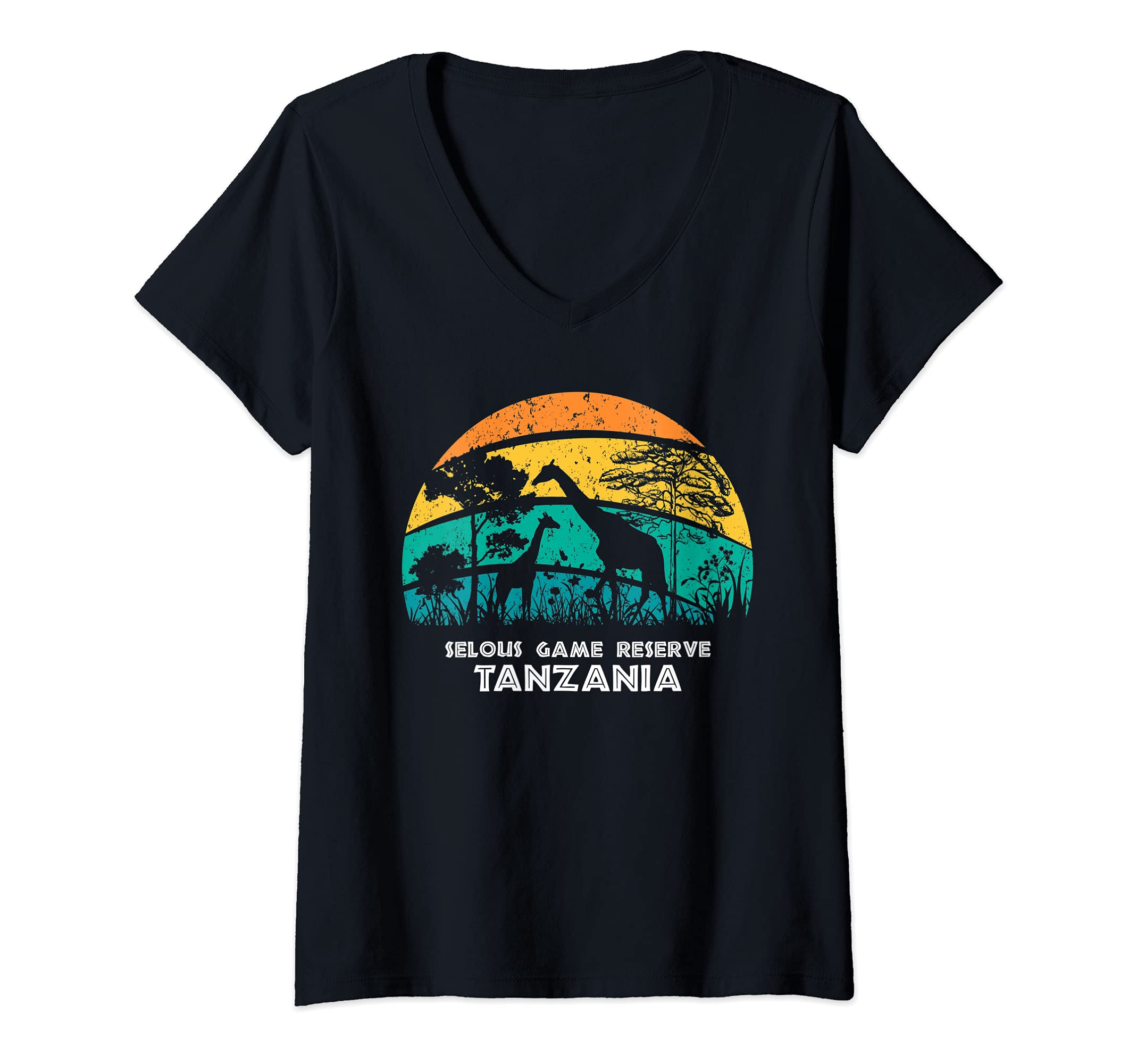Womens Vintage Retro Selous Game Reserve, Tanzania Africa Safari Gi V-Neck T-Shirt