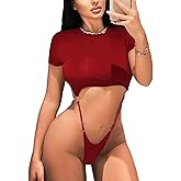 Avidlove Women's Sexy Cut Out Lingerie Bodysuit Short Sleeve Tshirt Body Suits Slim Fit Crew Neck Crop Tops