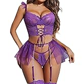 Avidlove Womens Garter Lingerie Sets Valentine 3 Piece Underwire Sexy Bra and Panty Set With Mesh Mini Skirts S-XXL