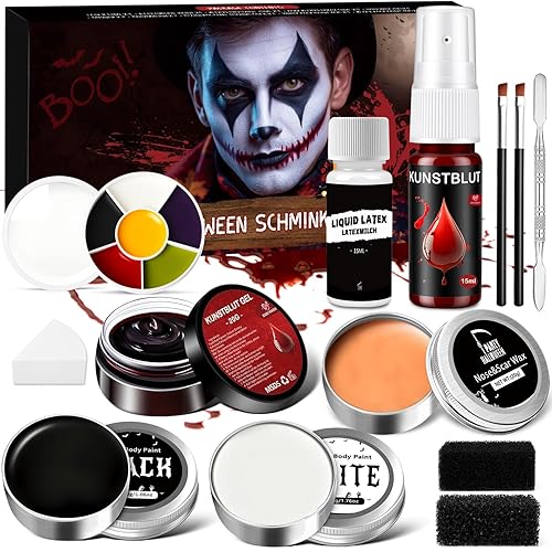 Face Paint Halloween Makeup Kit - White Black Face Painting Kit Kids Adults with Fake Blood, Scar Wax Sfx Makeup, 6 Color Facepaints For Zombie Vampire Skeleton Joker Clown Body Paint