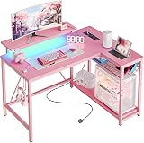 Bestier 106.5CM L shaped Desk with Power Outlets LED Lights Pink