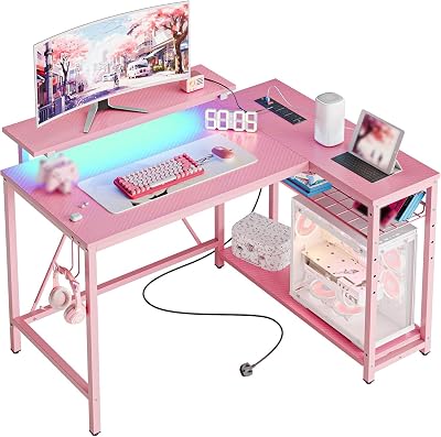 Bestier 106.5CM L shaped Desk with Power Outlets LED Lights Pink