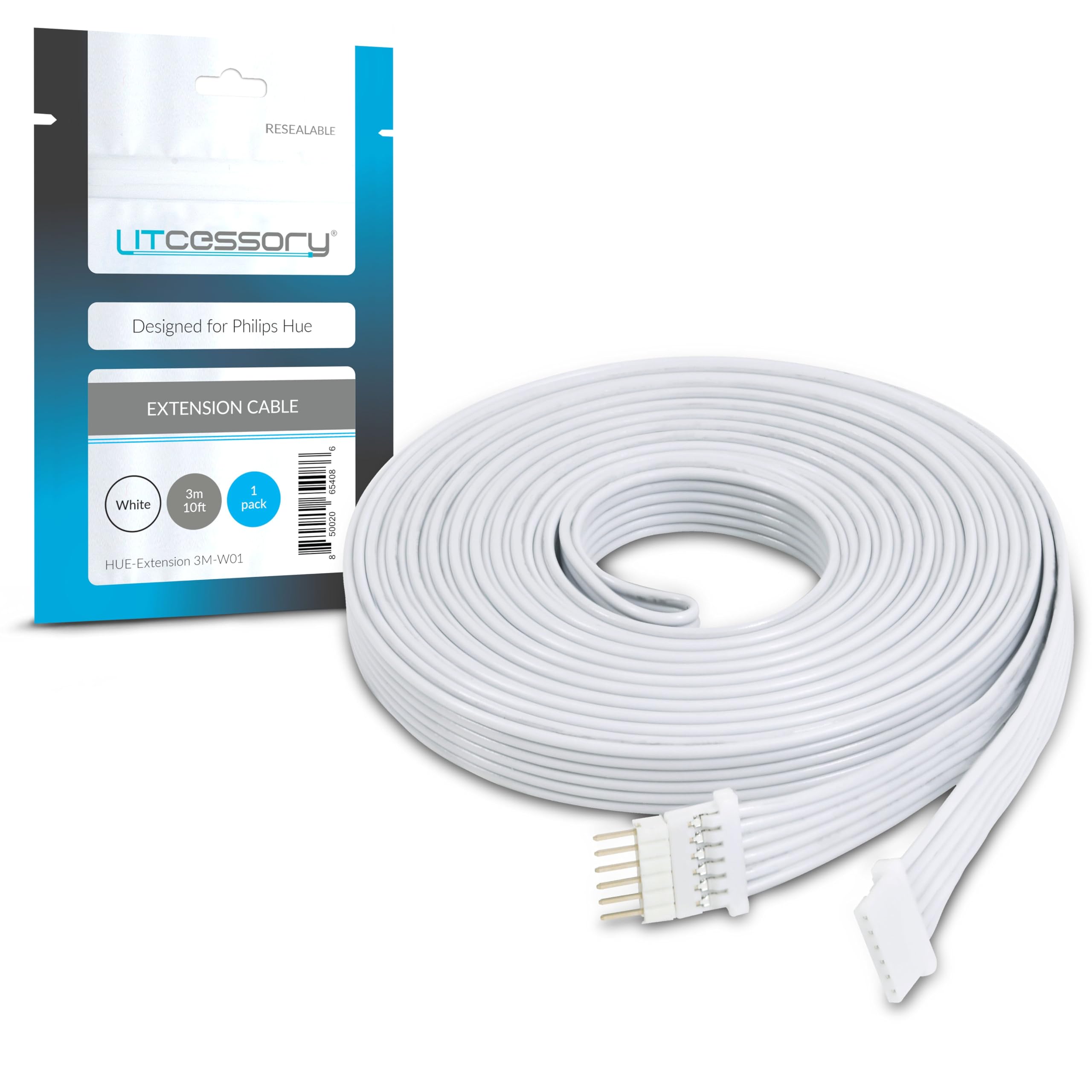 Litcessory Extension Cable for Philips Hue/Solo Lightstrip (3m, 1 Pack, White - MICRO 6-PIN V4 / Solo Lightstrip)