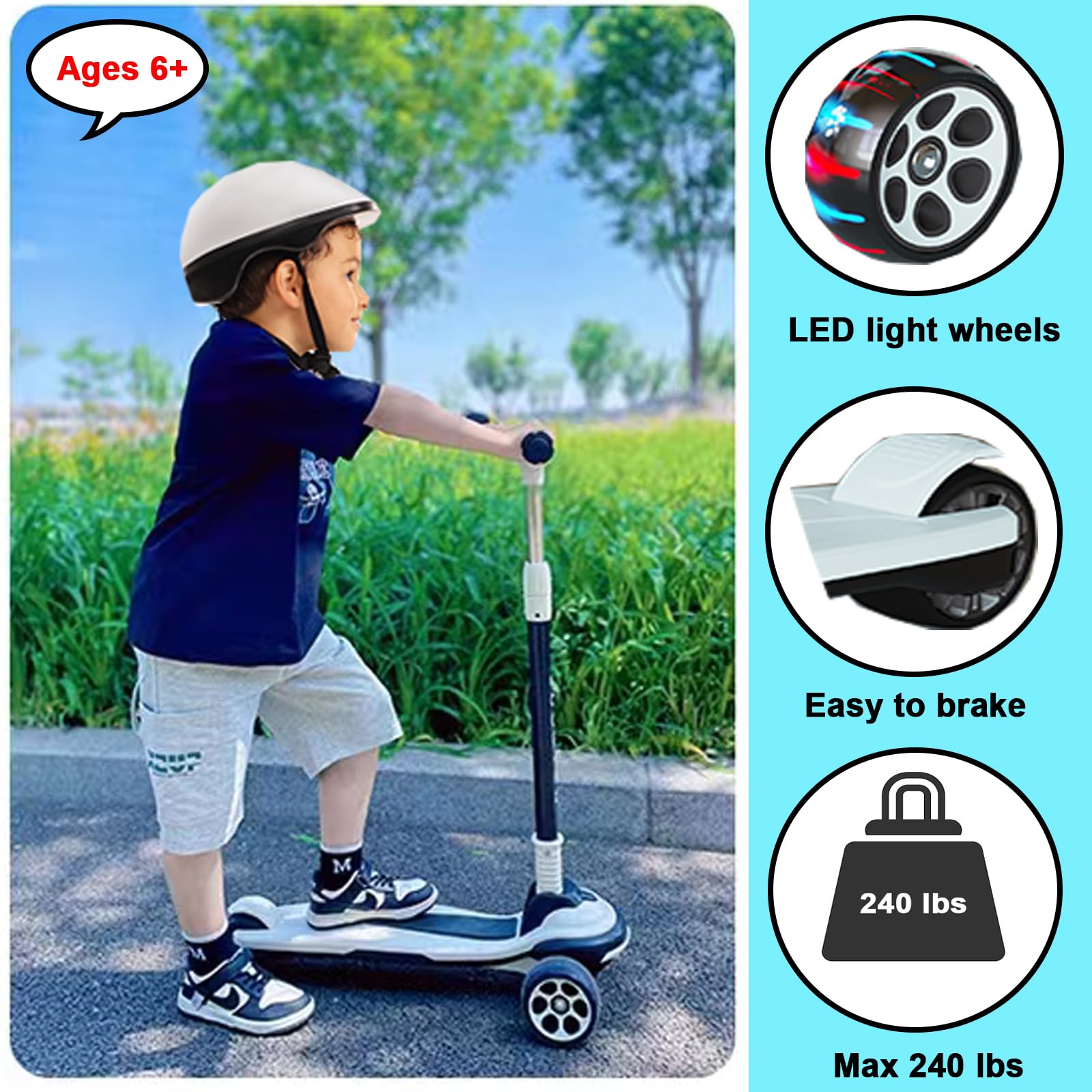 Kick Scooter for Kids Ages 3-12, 5 Adjustable Height Foldable Scooter with 3 LED Light Wheels, Outdoor Activities for Toddlers Boys Girls, Max Load up to 240 lbs