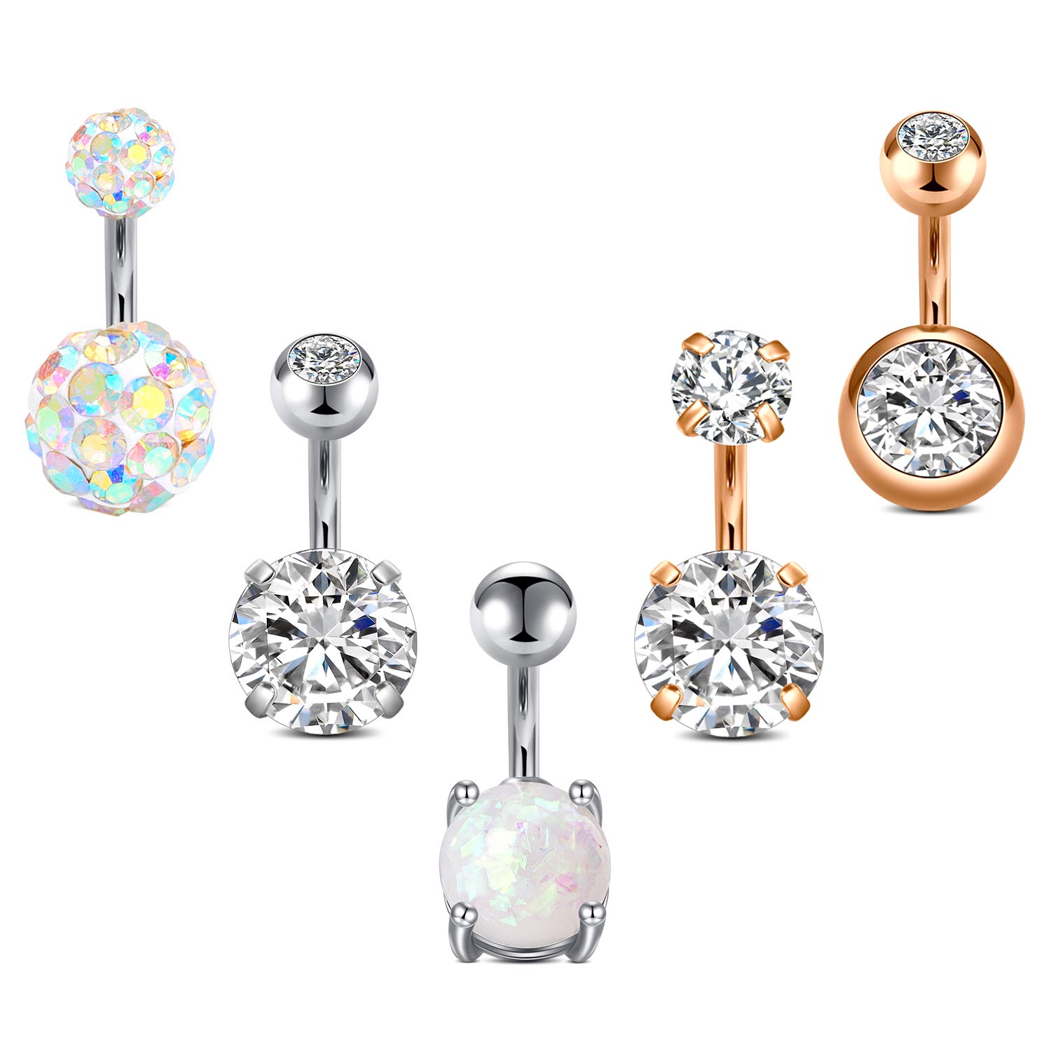 AceFun Belly Bar 14g 5Pcs Belly Rings Surgical Stainless Steel Opal CZ Navel Piercing Jewelry for Women Girls Silver 6mm